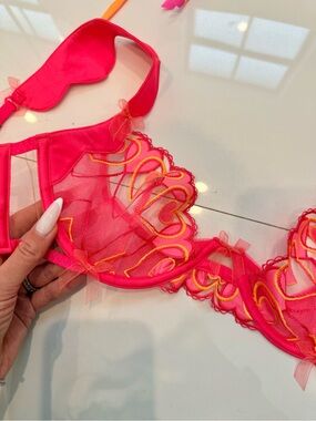 For Love And Lemons Hot Pink & Neon Orange Sheer Embroidered Underwire Bra